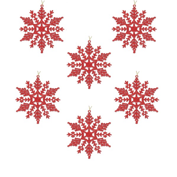 Glitter Snowflake Christmas Decorations Pack of 6-10cm Hanging Decorations (Red