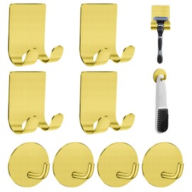 Razor Holder for Shower + Adhesive Wall Hooks, Premium 304 Stainless Steel Shower Razor Holder with Heavy Duty Waterproof Sticky Hooks for Hanging Towels, Coat, hat (4+4 Pack) - Gold