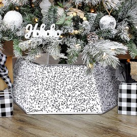 DoreenBow Christmas Tree Collar 33 Inches Silver Sequin Xmas Tree Ring Glitter Christmas Tree Skirt Christmas Tree Box Base Stand Cover for Artificial Christmas Trees Decoration, Gift Package