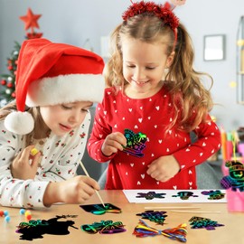 MELLIEX Pack of 48 Scratch Pictures for Children, Christmas Scratch Paper Rainbow Scratch Art with 48 Ribbons and 20 Wooden Pens for Children Crafts, Christmas Gift Can, Christmas Tree Decoration