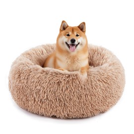 Sweetcrispy Calming Donut Dog & Cat Bed, Machine Washable Cuddle Warming Cozy Fluffy Faux Fur Plush Round Anti-Anxiety Waterproof Anti-Slip Pet Sleeping Sofa, Olive Brown, 24x24x8 inches