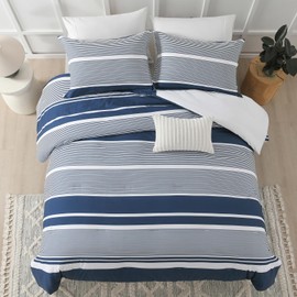 SahSahCasa Queen Comforter Set, Navy Blue Striped Queen Comforter Bedding Set, 100% Cotton Comforter, Fluffy Cooling Lightweight Quilted All-Season Comforter for Queen Size Bed, 90" × 90", 3pcs