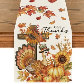 Artoid Mode Give Thanks Cross Turkey Sunflower Thanksgiving Table Runner, Harvest Fall Autumn Kitchen Dining Table Decoration for Home Party Decor 13x72 Inch