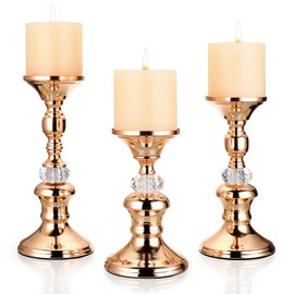 OwnMy Set of 3 Rose Gold Metal Pillar Candlestick Holders Brass Pillar Candle Holders for 3 Inch Candles, Elegant Metal Crystal Candle Stands for Dining Table, 6.7"+8.3"+9.3" Height Set