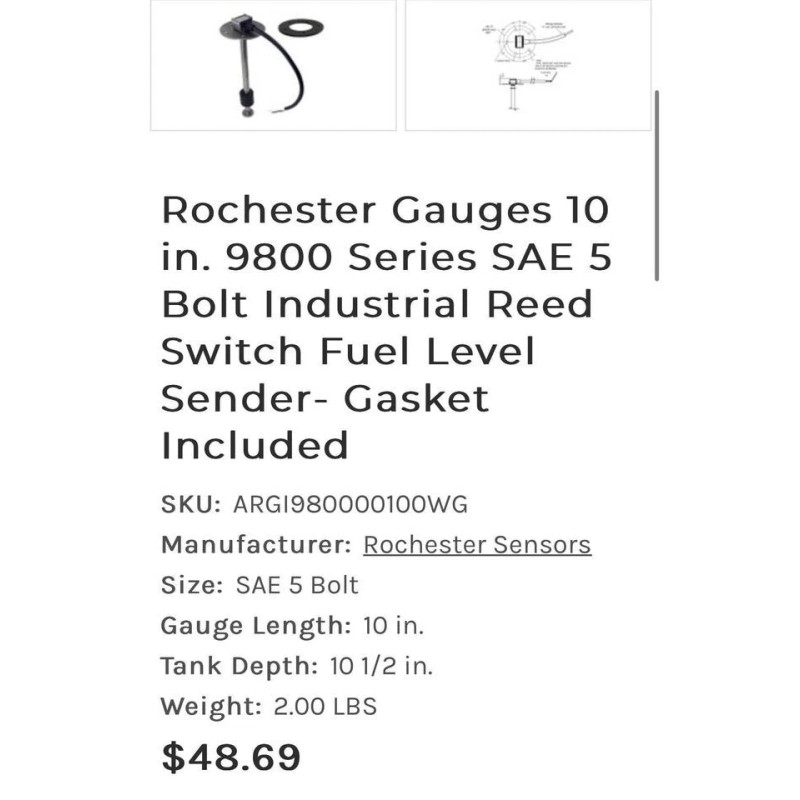 Rochester Gauges 10 in 9800 Series Reed Switch Fuel Level