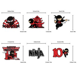 18pcs Ninja Happy Birthday Cupcake Toppers Happy 10th Birthday Ninja Warriors Anime Birthday Cupcake Picks Black Red 10 Ten Years Old Sport Themed Birthday Party Supplies (10)
