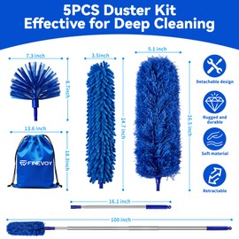 Finevoy Dusters for Cleaning, Duster with Extension Pole 5 in 1 Kit, Cobweb Duster, Long Dusters for High Ceilings, Microfiber Dusters for Ceiling Fan, Blinds and Furniture