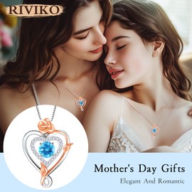 RIVIKO Infinity Heart Symbol Rose March Birthstone Necklace for Women,925 Sterling Silver Love Pendant Necklaces,Anniversary Jewelry Birthday Mothers Day Gifts for Mom Her Wife Women Girlfriend