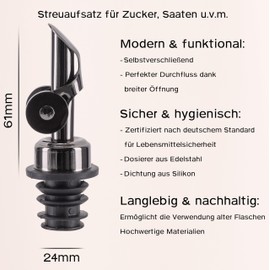 Koffs Design Stainless Steel Pourer - Dispenser for Sugar, Sweetener and More - Shaker Insert for Bottles - Shaker Attachment for Sprinkles, Grains, Seeds and Seeds - Metallic Grey - Pack of 2