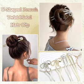 AOREAS 4Pcs Pearl U Shaped Hair Pins for Thick Hair,Bow French Hair Pins French Twist Hair Pin Vintage Double Prong Hair Forks Stick Hairstyle Accessories Bridal Hair Combs for All Hair Types