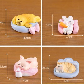 KARLOR mini Animal Figures decoration, 4 PCS sleeping cat dog pig rabbit set, animal collection miniature animal ornaments piggy rabbit puppy micro landscape table garden aquascaping decoration