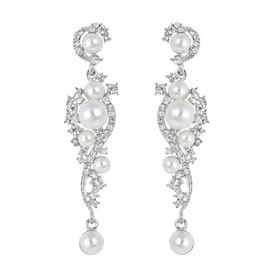 EVER FAITH Women's Austrian Crystal Cream Simulated Pearl Bridal Vine Dangle Earrings Clear Silver-Tone