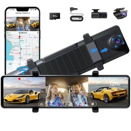 3 Channel Mirror Dash Cam, Aprilboy 12" Triple Rear View Mirror with Front 4K, Inside and Rear 1080P Cameras with 5.8GHz WiFi, G-Sensor, Night Vision, Reverse Assist, Parking Monitoring