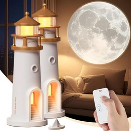 Moon Lamp Projector with Remote Control - Lighthouse Night Light for Kids, 2400mAh Rechargeable Moon Light, 4 Brightness Levels & Timer, Galaxy Projector for Bedroom Decor, Christmas Gifts (2 Pack)