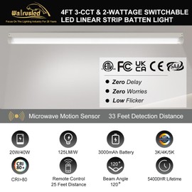 4FT Tri-Level Motion Sensor LED Linear Strip Emergency Stairwell Light w/Remote, 3 CCT, 20W/40W 125lm/w, Battery Backup, 30K/40K/50K, IP20, Dimmable 4 Foot Commercial Shop Ceiling Light Fixture, ETL