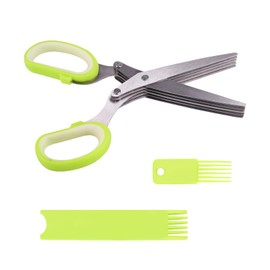 Qaixwuyi Küchenschere mit 5 Klingen Edelstahl Grün Kräuterscheren Gewürzschere Zwiebelhalter Gemüseschere Lauchschere Schalottenschere Küchenschere mit Hülle Reinigungskamm