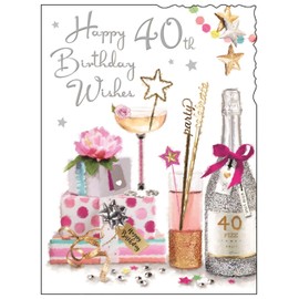 Female 40th Milestone Birthday Card - Age 40 - Champagne and Presents with Foil and Flitter Details - by Jonny Javelin