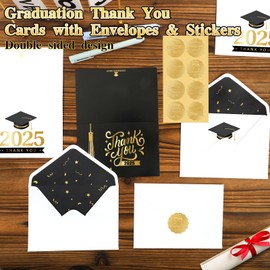 NEWEST 24 Pieces Graduation Thank You Cards with Envelopes & Stickers, 2025 Gold Foil Grad Greeting Cards 2 Design Graduation Cap Blank Thank You Notes for High School, College, University Graduates