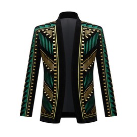 PYJTRL Mens Stylish Court Prince Black Velvet Gold Embroidery Blazer Suit Jacket (Green Gold, l)