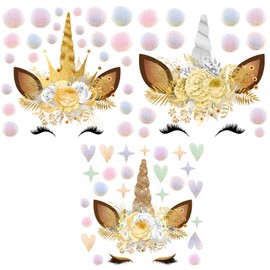 Maydahui 3 Sheets Unicorn Wall Decals 11inch Gold Flowers Wall Sticker Large Horn Ears Eyelash Stickers Dreamy Flash Powder Ball Decal for Gilrs Bedroom Christmas Decoration