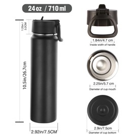 Volhoply 24 Ounce Insulated Water Bottle With Straw Lid,Stainless Steel Wide Mouth Sport Bottles With Handle,Double Wall Vacuum Thermos Keep Cold,Reusable Travel Thermal Cups For Holder,Gym(Black,1)