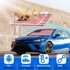 American Foldable Windshield Sun Shade with USA Patriotic Design- Front Window Sun Visor Protector for Cars, Trucks, SUVs Blocking Harmful UV Rays & Heat, Keep Interior Cool, Super Easy to Use & Store