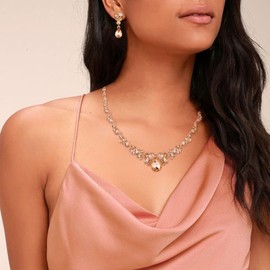 EVER FAITH Rhinestone Crystal Elegant Bridal Floral Teardrop Necklace Earrings Set Champagne Rose Gold-Tone