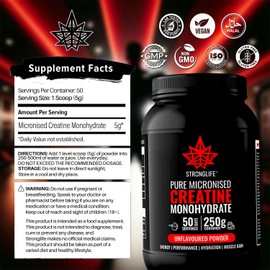 Creatine Monohydrate Powder by Stronglife - 250 grams, 50 Servings at 5 grams, Micronised, Pure 200 Mesh, Unflavoured - Enhances Muscle Performance Power & Recovery (250 Grams)