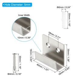 PATIKIL Tile Hanger Brackets 1.6x1.4"", 6 Set U Wall Mounted Mirror Clips Fasteners Stainless Steel Mirror Holders Kit S Size with Screws for Large Mirror, Picture Frame, Silver Tone, Sliver