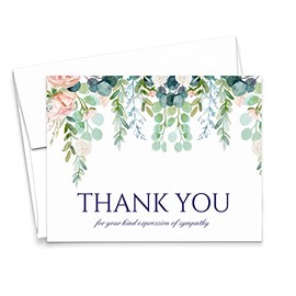 Modern Pink Paper Elegant Funeral Thank You Cards Greenery Sympathy Thank You Note for Funeral, (FOLDED, Blank Inside), Memorial Thank You Folded Cards, Your Choice of Quantity and Envelope Color
