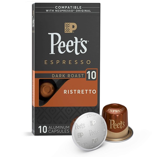 Peet's Coffee Espresso Capsules Ristretto, Intensity 10, 10 Count Single Cup Coffee Pods Compatible with Nespresso Original Brewers