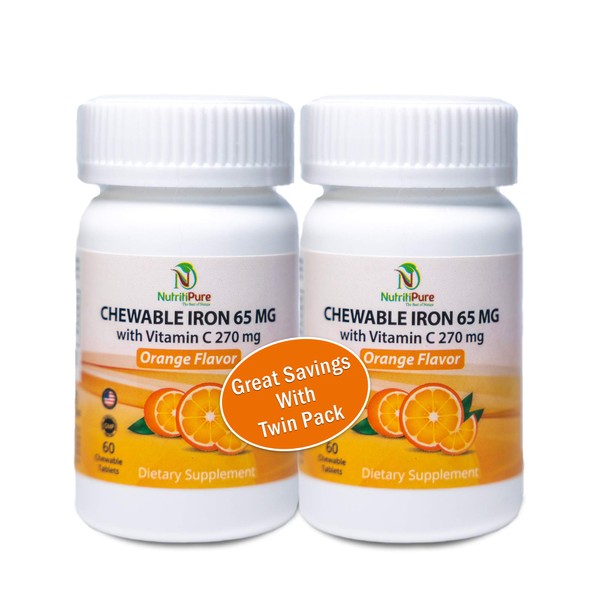Chewable Iron 65 mg with Vitamin C 270 mg - Tablet in Orange Flavor 60 Count x 2 Bottles (Twin Pack)