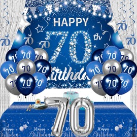 Blue Silver Party Decorations 70th Birthday Decorations 70 Years Old Decor Includes Banner Balloons Tablecloth Number 70 Balloons Hanging Swirls Foil Fringe Curtains for Men Women Party Supplies