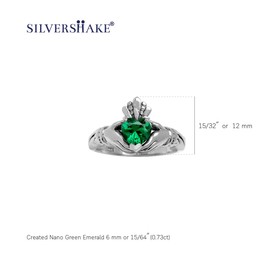 Silvershake 6MM Heart Shape Created Nano Green Emerald Irish Celtic Claddagh 925 Sterling Silver Friendship Ring May Gemstone Birthstone Size 12