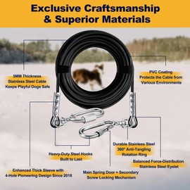 WATFOON Dog Leads for Yard, 1500LBS Break Strength, Stainless Steel Heavy Duty Tie Out Cable for Dogs Training with Dual Rotating Hooks, Water Resistant Dog Chain Leads for Outside Camping (40ft)