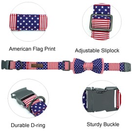 Bobo Rainbow Independence Dog Collar-American Flag Adjustable Cute Pet Collar with Bow Tie Holiday Soft Cotton Puppy Collar Metal Buckle Collars Gift for Small Dogs