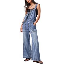 chouyatou Women's Summer Casual Adjustable Strap Denim Jumpsuit Loose Fit Wide Leg Stretch Bib Jean Overalls, Light Blue, Small