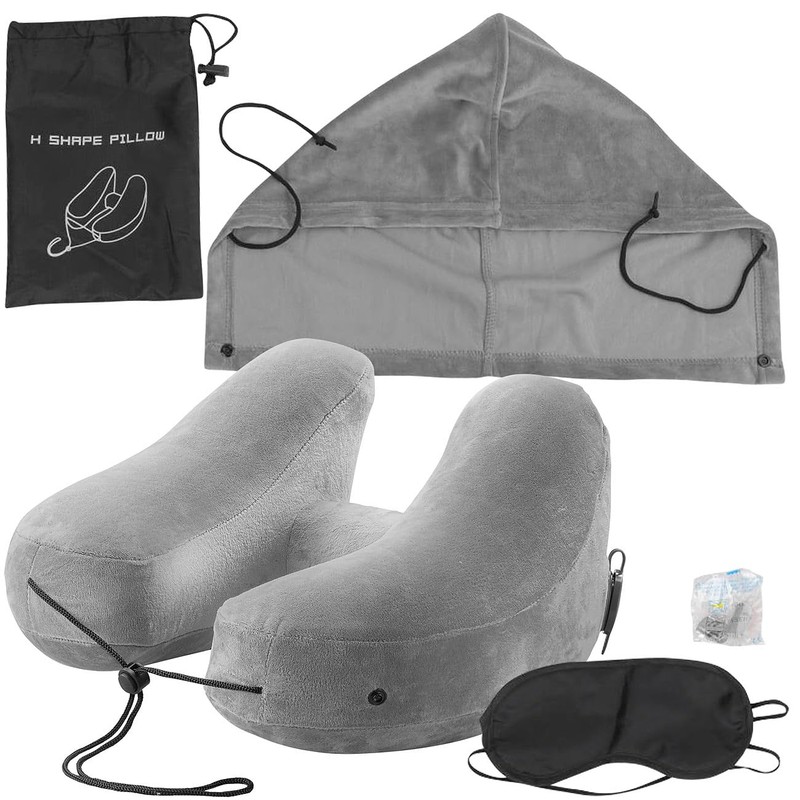 Newgen Medicals Inflatable Neck Pillow with Removable Hood, H Shape