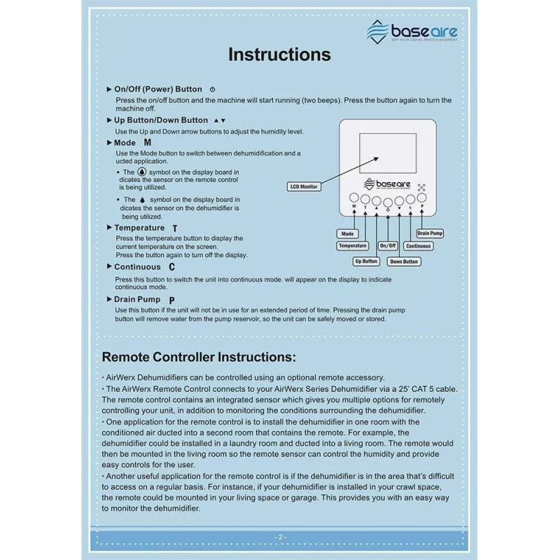 BaseAire Digital Crawlspace Dehumidifier Remote Controller Temperature AirWerx