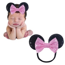 JIAHANG Mouse Ear Nylon Headband with Sequin Bow, Soft Elastic Hair Bow Hair Band, Costume Headwear for Baby Girls Newborn Infant Toddlers, kids, Gilrs Party Supplies