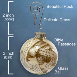 Bible Ornament Made with Pages from a Bible for Women, Handmade Bible Ornament with Scripture & Bible Verses Inside Glass Ball, Christmas Tree Decoration (Silver Hook)