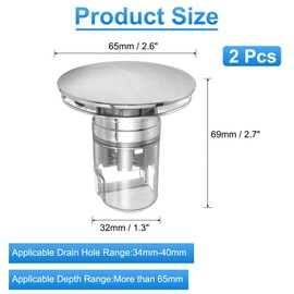 sourcing map 2 Pcs Pull-up Bathroom Sink Stopper with Seal Ring Pull-Up Sink Drain Strainer with ABS Filter Basket Hair Catcher Fit for 1.2"-1.6" Dia 2.8" Depth Sink Drain Hole, Silver