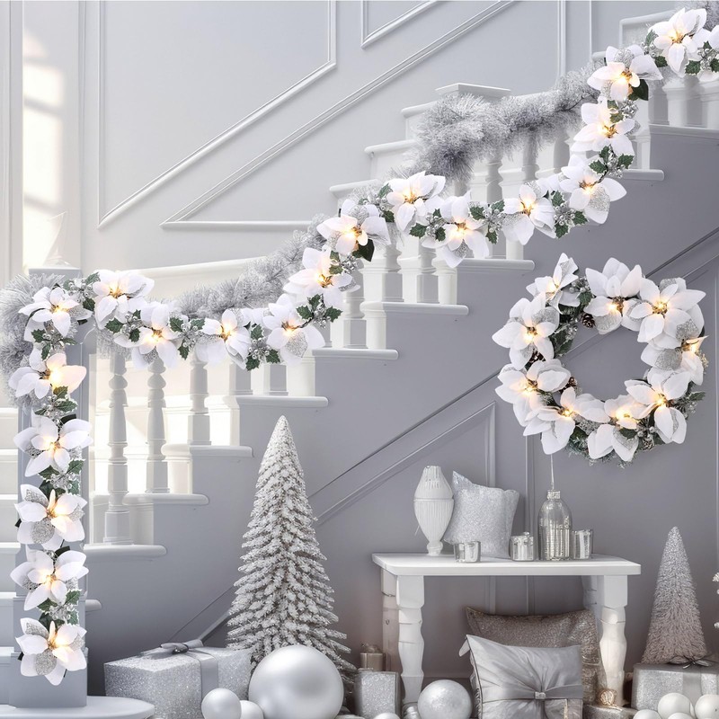 Canlierr 10 PCS Prelit Christmas Poinsettia Garland with Light, 65