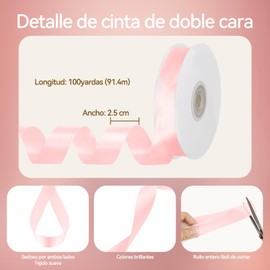 Bacane Cinta, 2.5CM 100 Yardas, Cinta Artesanal de Satén de Doble Cara para Envolver Regalos, Ramo de Flores, Lazo, Boda, Decoración de Fiesta de Cumpleaños (Rosado)