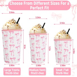 SiliFine 3 Pack Reusable Coquette Bow Sleeves for Iced Coffee Cup Neoprene Pink Bow Coffee Sleeve Insulated Neoprene Cup Holder for Cold Beverages Iced Hot Drinks(Bow)