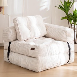 MAXYOYO Folding Sofa Bed, L-Shaped Convertible Sofa Foldable Sleeper Couch with Pillow, Portable Fold Out Chair Bed with Armrest Comfy Floor Lounge for Living Room Bedroom, Beige