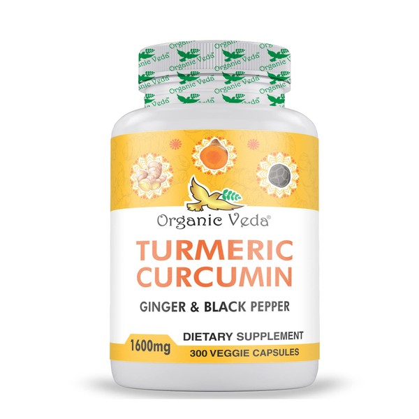 Organic Veda Turmeric Capsules - Turmeric and Ginger Supplement 100 Days Supply, 300 Veggie Capsules - Whole Root Organic Turmeric Curcumin with Black Pepper- Joint & Mobility Support