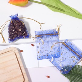 100 Pieces Moon Star Organza Jewelry Candy Bags, 2.7x3.5 Inch Sheer Royal Blue Organza Pouch Small Gift Bags with Drawstring for Christmas Party Favors Wedding Valentine's Day Stocking Stuffers