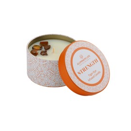 Aluminate Life Luxury Candle Tin, 6 OZ, Strength - Tiger Eye Crystal Infused - Scents of Cedarwood, Amber, & Sage - Power, Courage, & Expansion - Coconut Wax, Essential Oils, Dr. Developed