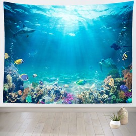 Loccor Fish Tank Tapestry Photo Backdrop Coral Turtle Photo Tapestries Wall Hanging Underwater Women Men Living Room College Dorm Apartment Home Bedroom Aesthetic Wall Art Mural